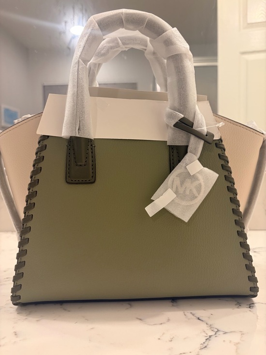 Michael Kors Handbags - Michael Kors Olive Green and Cream Leather Tote with Whipstitch Detail